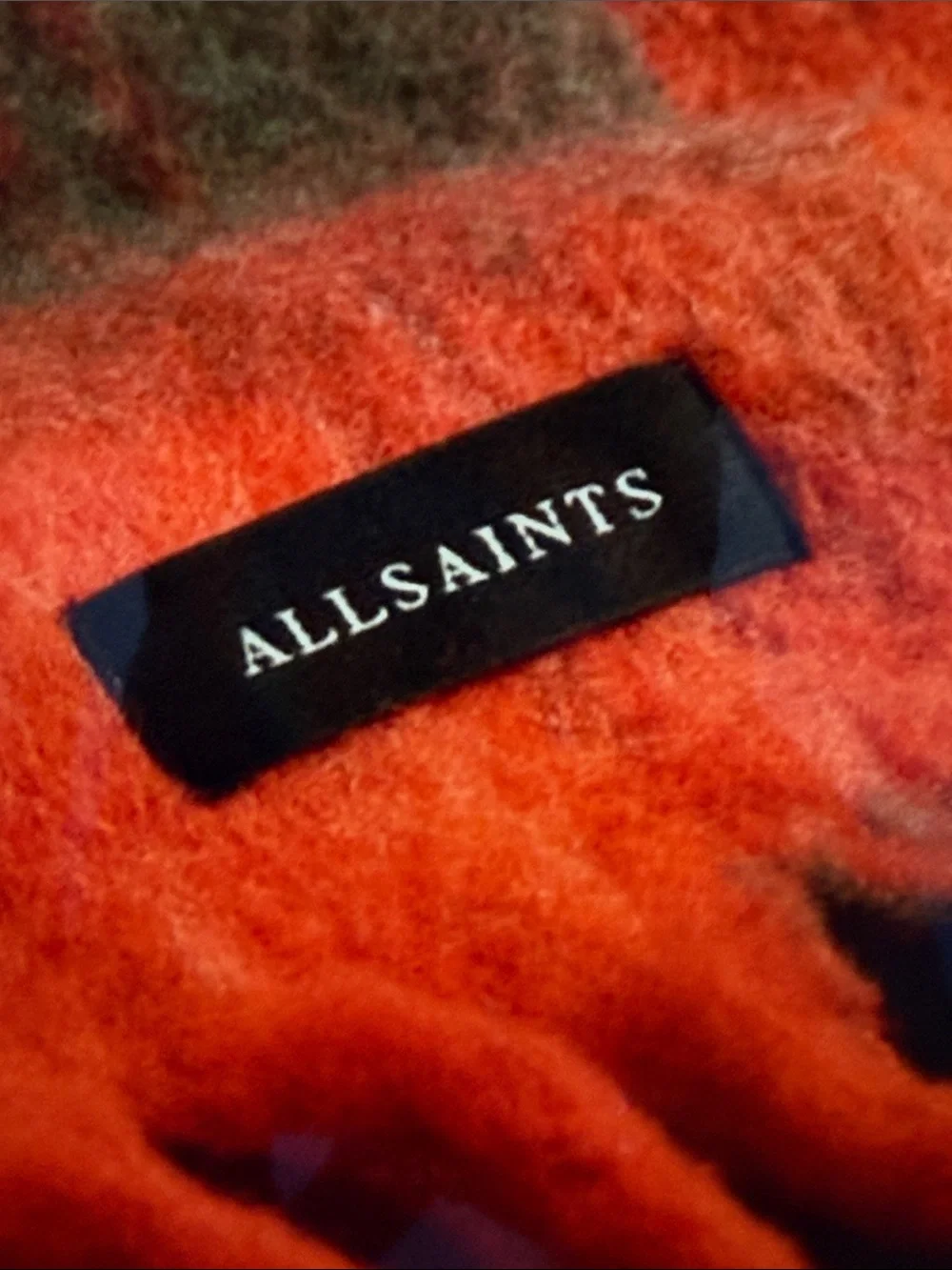 AllSaints Oversized Plaid Fringe Scarf in Orange and Green